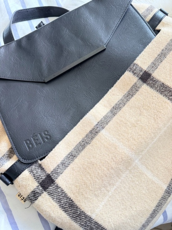 BEIS The Messenger Tote Backpack  Cream Plaid Wool Blend Black Trim  Preowned